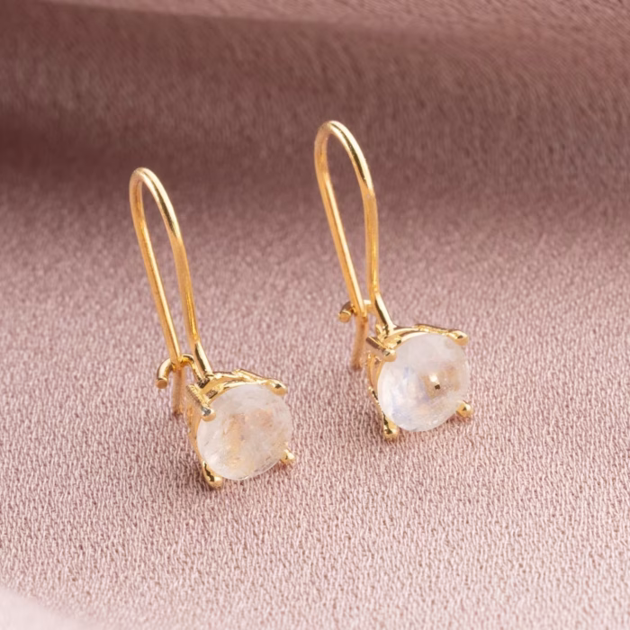 Moonstone Dangle Earrings – Dainty Handmade Gold Plated 925 Silver Earrings, Elegant Birthstone Gift for Her