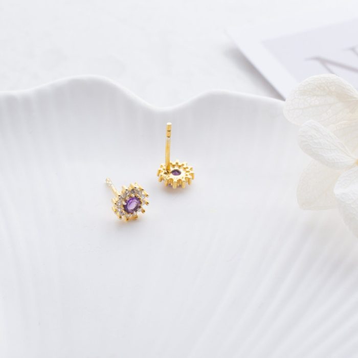 Amethyst Stud Earrings – Dainty Handmade Gold Plated 925 Silver Earrings, Perfect Gift for Her