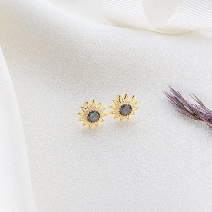 Mystic Topaz Stud Earrings – 925 Sterling Silver, Gold Plated, Dainty Style