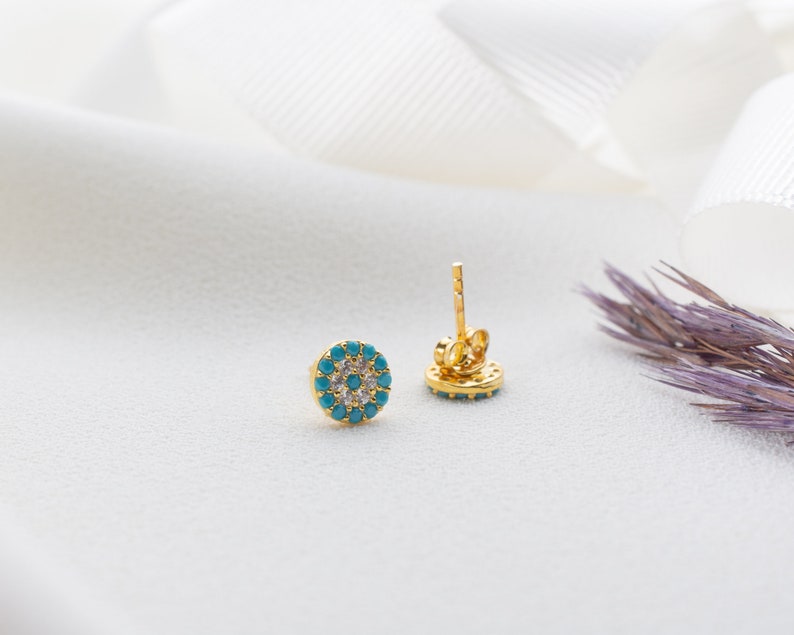 Handmade Gold Plated Silver Stud Earrings – Turquoise Stone Jewelry - Image 2