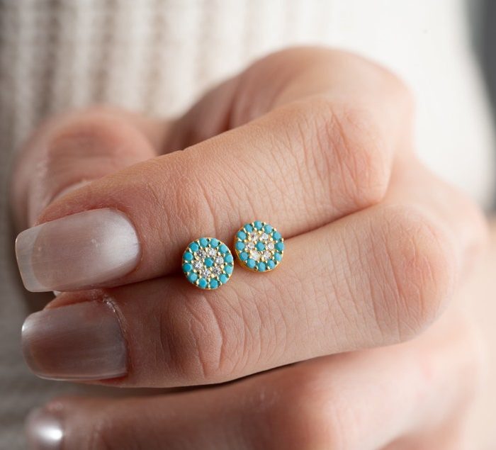 Handmade Gold Plated Silver Stud Earrings – Turquoise Stone Jewelry