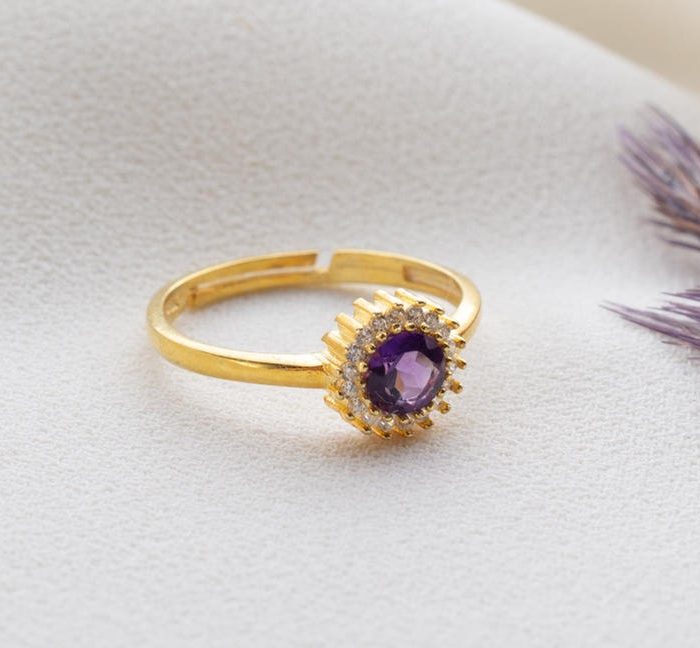 Amethyst Ring – 925 Sterling Silver, Gold Plated, Adjustable