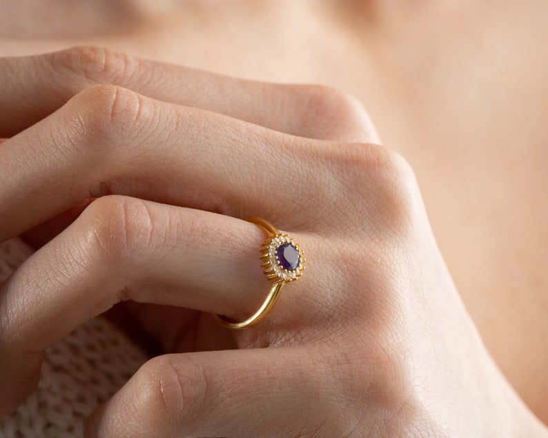 Amethyst Ring – 925 Sterling Silver, Gold Plated, Adjustable - Image 2